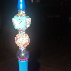 Blue Beaded Pen with Butterfly Design